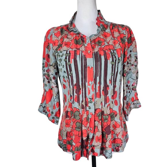 Johnny Was Floral Silk Blouse S Red Multi 3/4 Sleeves Pleated Peplum Flowy Boho - Picture 1 of 10